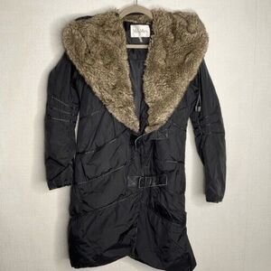 Max Mara Women Size M Black Puffer Fur Hood Leather Braid Long Parka Coat Jacket